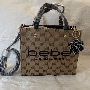 bebe Beige and Black Logo Small Tote with Crossbody Strap